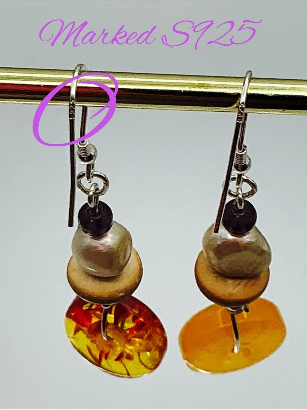 Amber Drop Earrings with Pearl and Quartz Accents